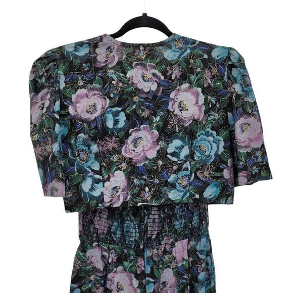 Vtg 80's Womens Dress Set Strapless Smocked Sweetheart Faux Wrap Floral Blk XS - Picture 10 of 13